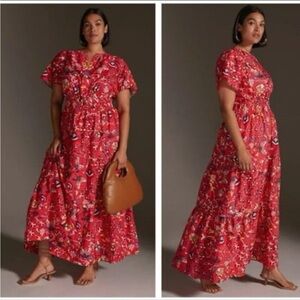 ANTHROPOLOGIE Somerset Maxi Dress Cotton Poplin Bright Red Floral Sz L